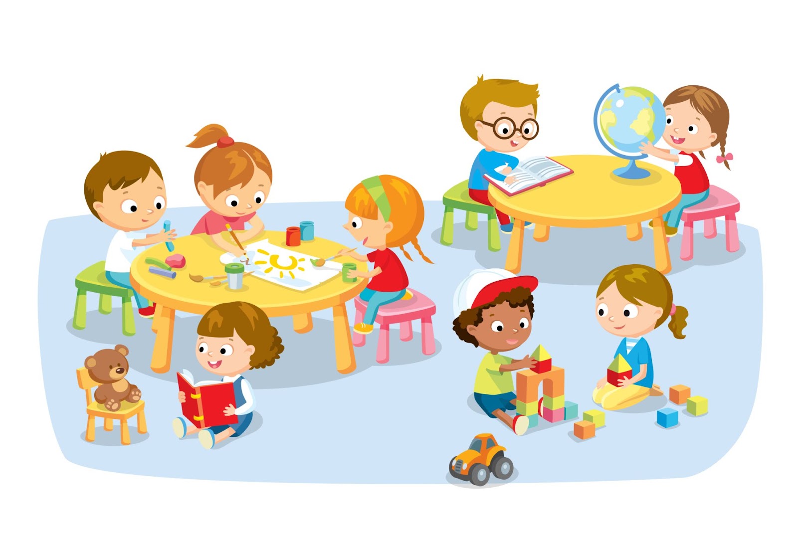Группа детей дошкольного возраста играет в игровой комнате, иллюстрация