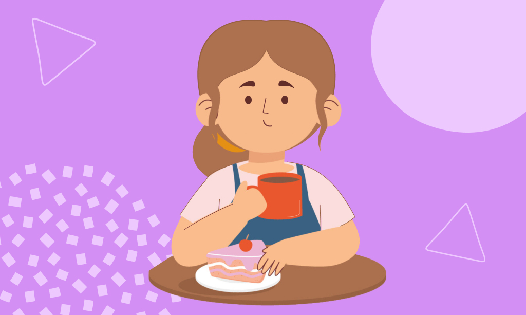 Девочка с чашкой чая и тортом, иллюстрация, концепция РПП у детей